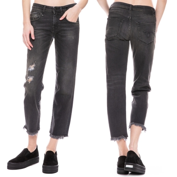 R13 Boy Straight Distressed Frayed Mid Rise Jeans in Black Wash Size 26 $398 - Picture 1 of 11